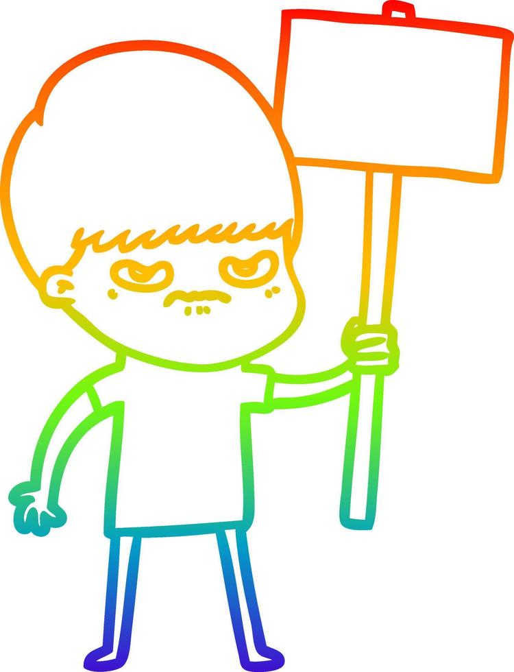 rainbow gradient line drawing angry cartoon boy protesting vector