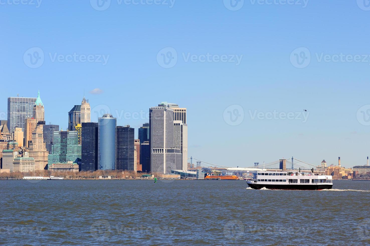 New York City Manhattan skyscrapers and boat photo