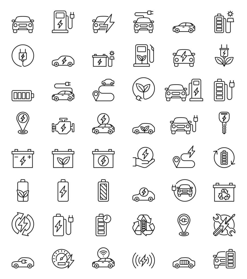 iconos de línea de batería híbrida de coches eléctricos. vector