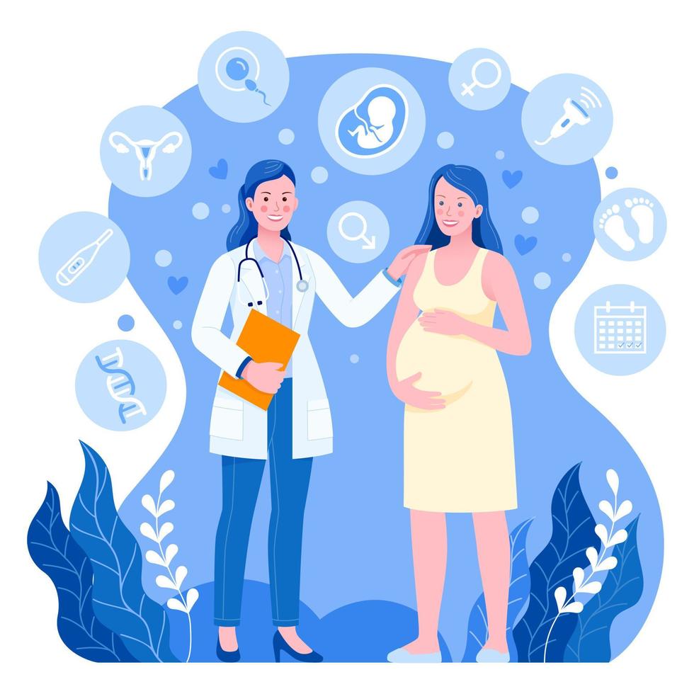 Female doctor woman with pregnant woman. Vector flat illustration.