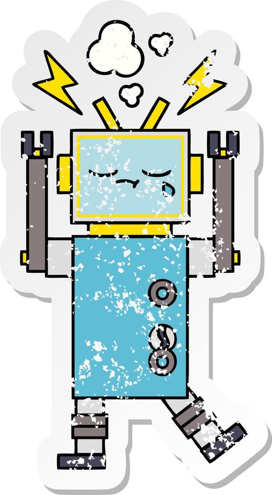 distressed sticker of a cute cartoon crying robot vector