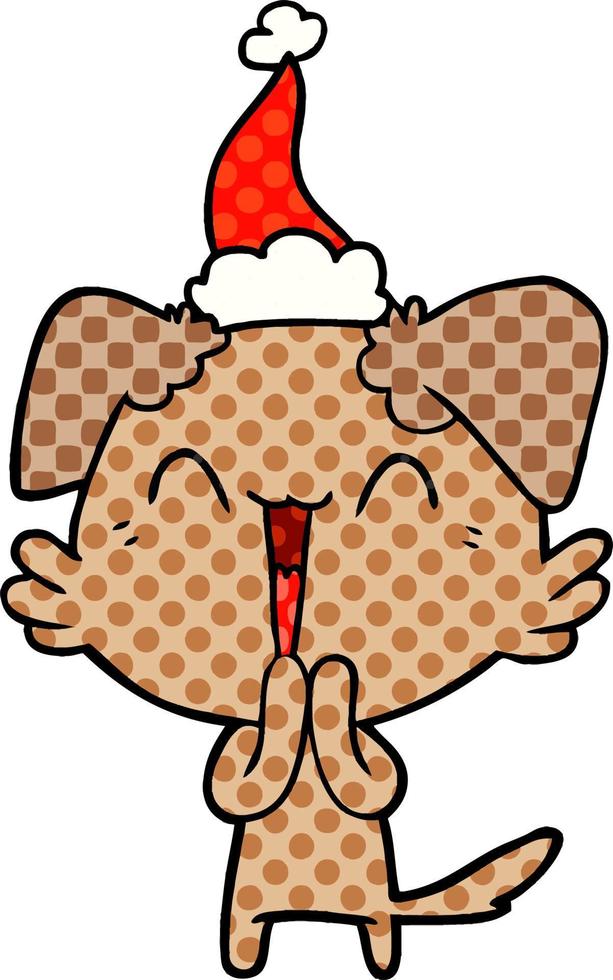 laughing little dog comic book style illustration of a wearing santa hat vector