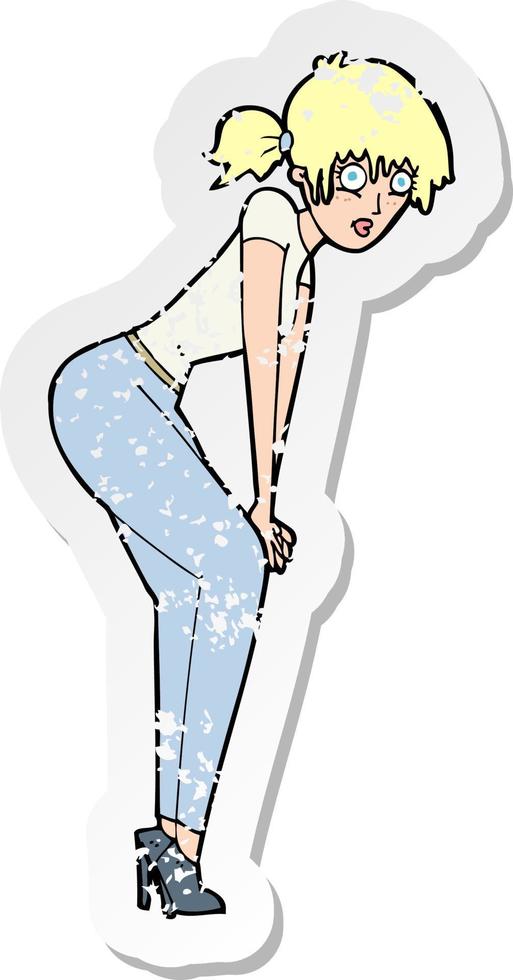 retro distressed sticker of a cartoon woman posing vector
