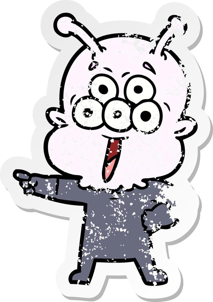 distressed sticker of a happy cartoon alien pointing vector