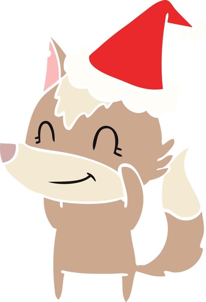 friendly flat color illustration of a wolf wearing santa hat vector