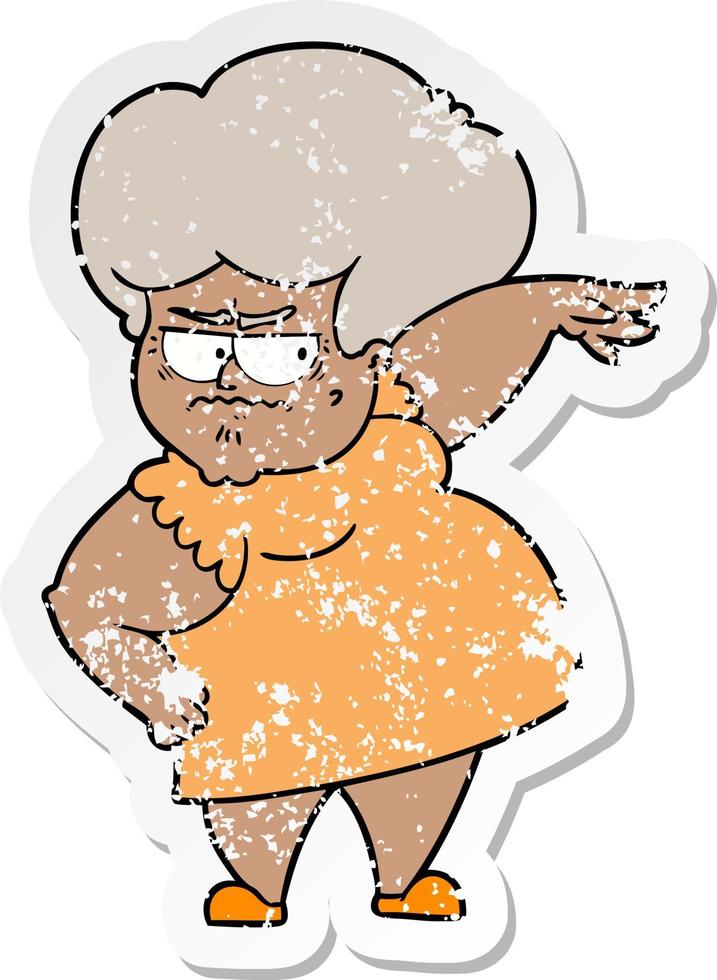 distressed sticker of a cartoon angry old woman vector