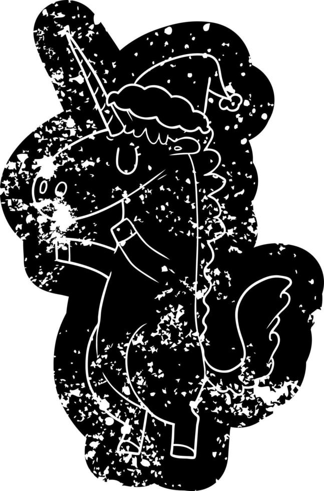 cartoon distressed icon of a unicorn wearing santa hat vector