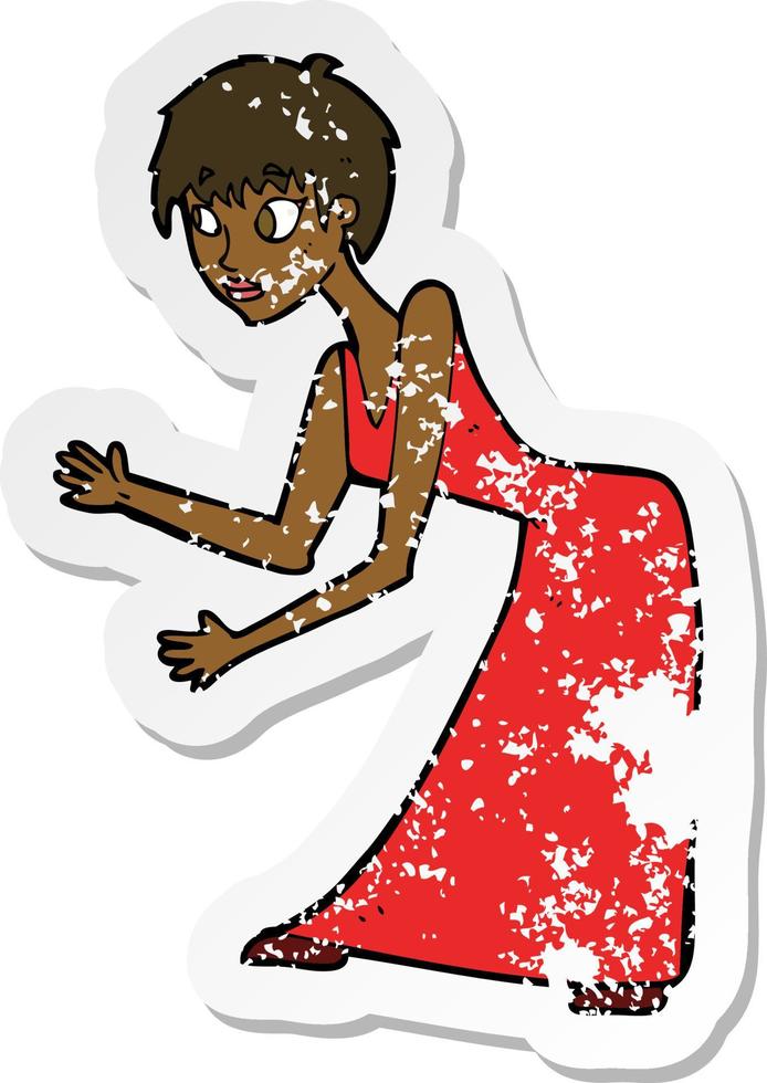 retro distressed sticker of a cartoon woman in dress gesturing vector