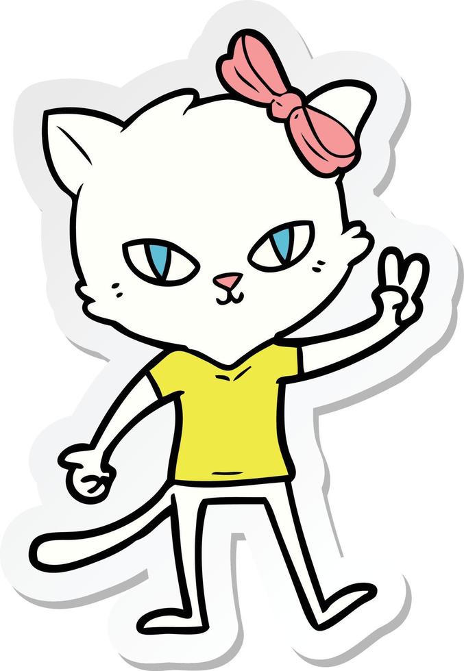 pegatina de una linda chica gato de dibujos animados dando el signo de la paz vector