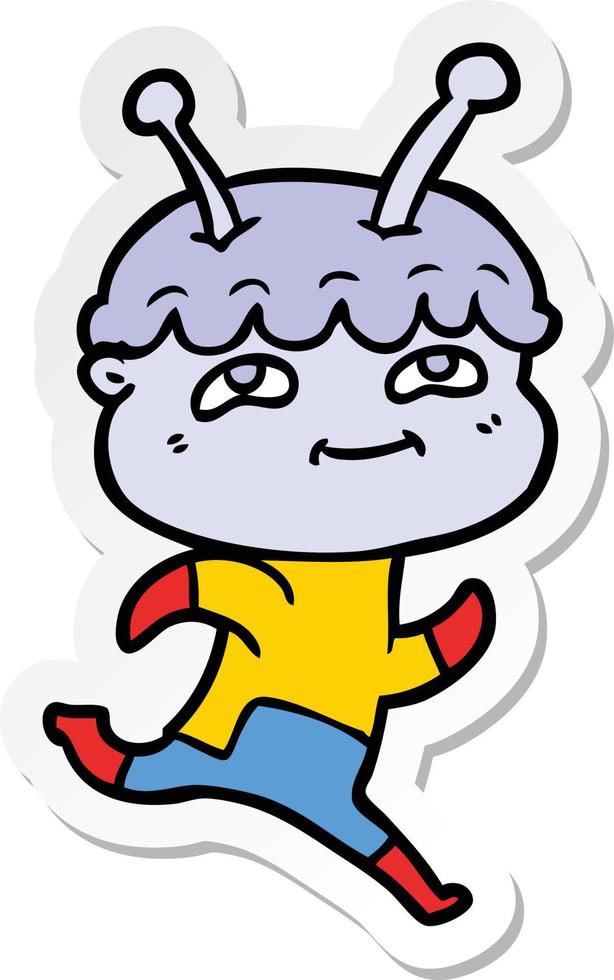 sticker of a friendly cartoon spaceman running vector