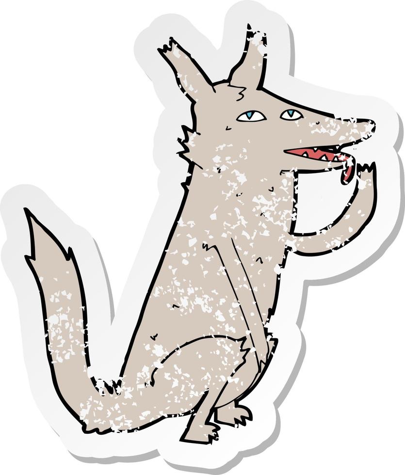 retro distressed sticker of a cartoon wolf licking paw vector