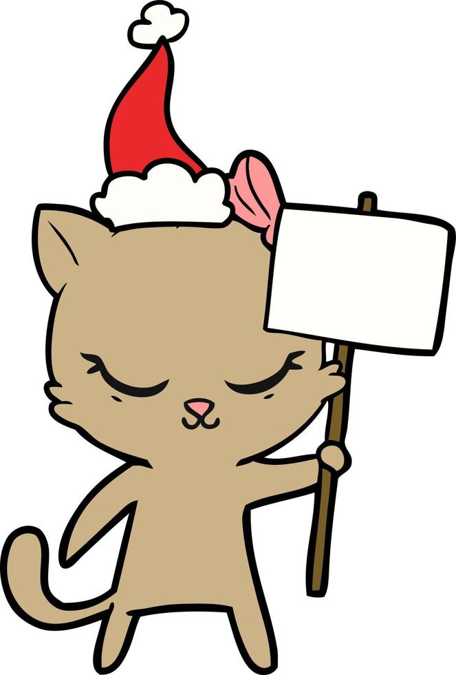 cute line drawing of a cat with sign wearing santa hat vector