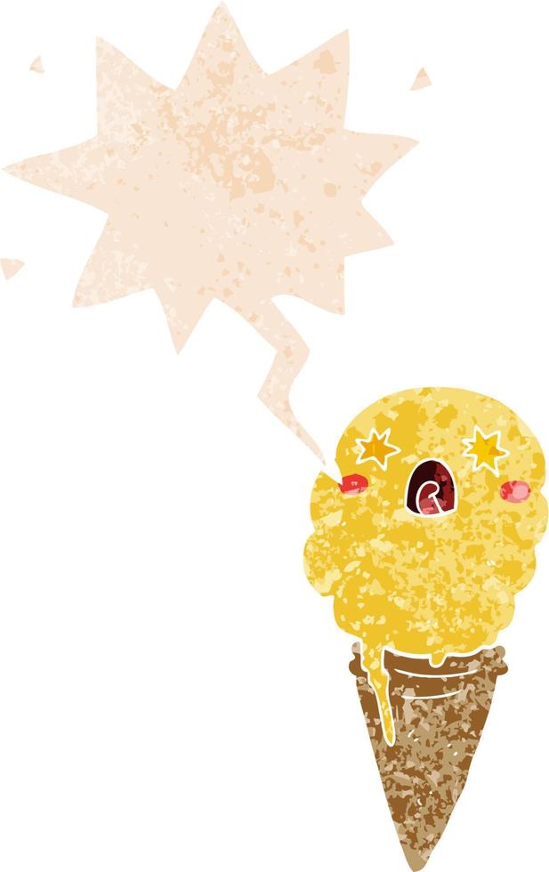 cartoon shocked ice cream and speech bubble in retro textured style vector