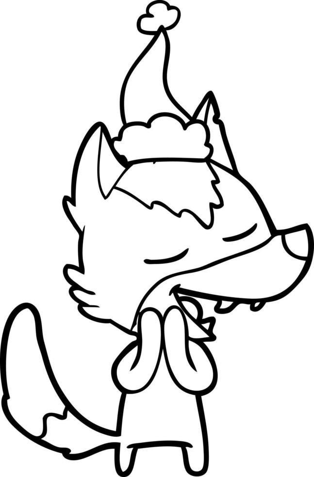 line drawing of a wolf laughing wearing santa hat vector