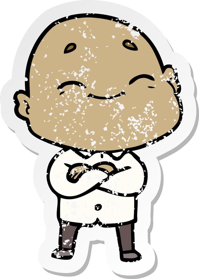 distressed sticker of a cartoon happy bald man vector