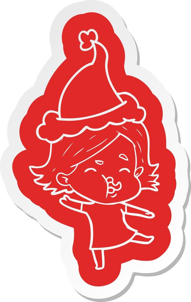 cartoon  sticker of a girl pulling face wearing santa hat vector