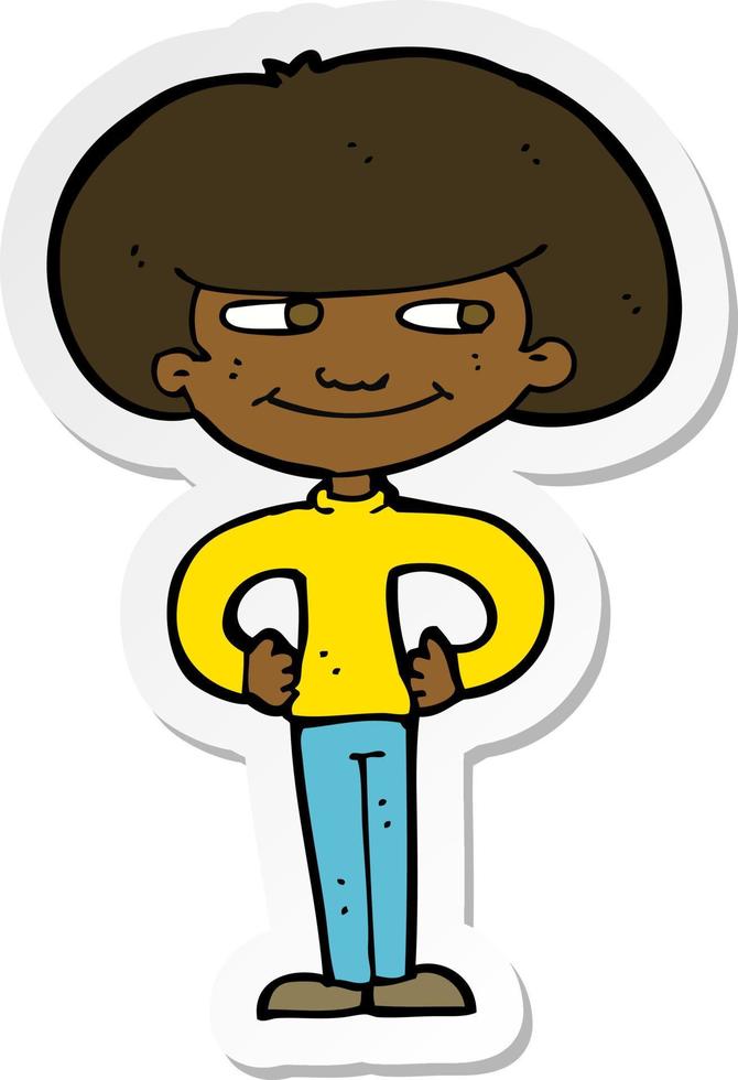 sticker of a cartoon boy with hands on hips vector