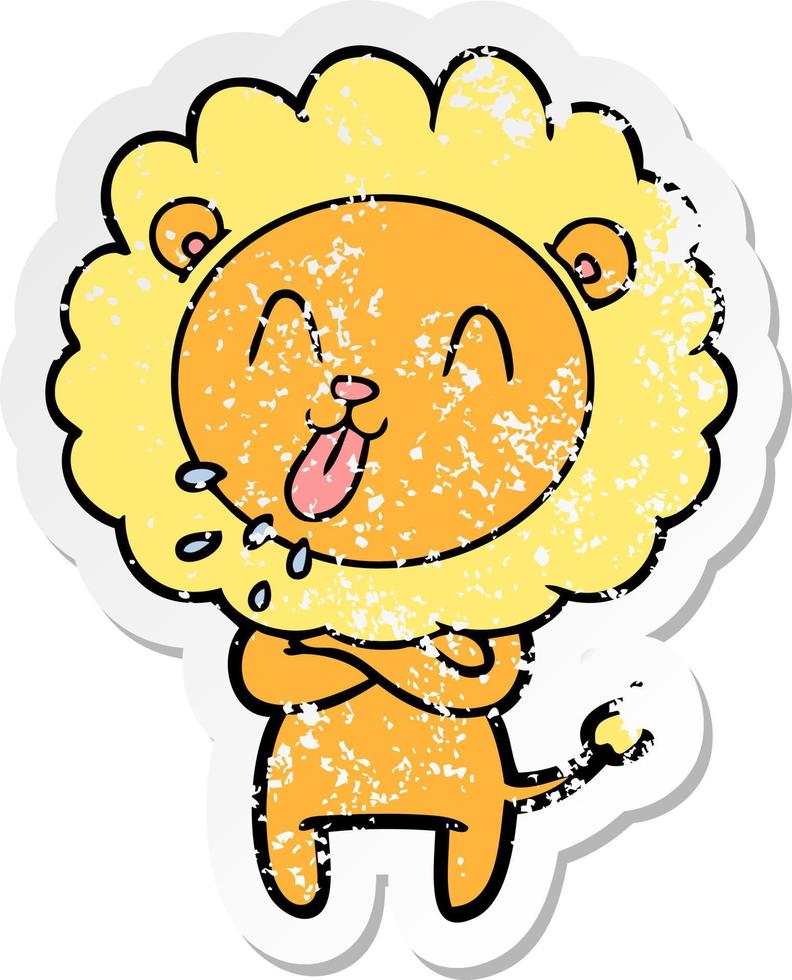 distressed sticker of a happy cartoon lion vector