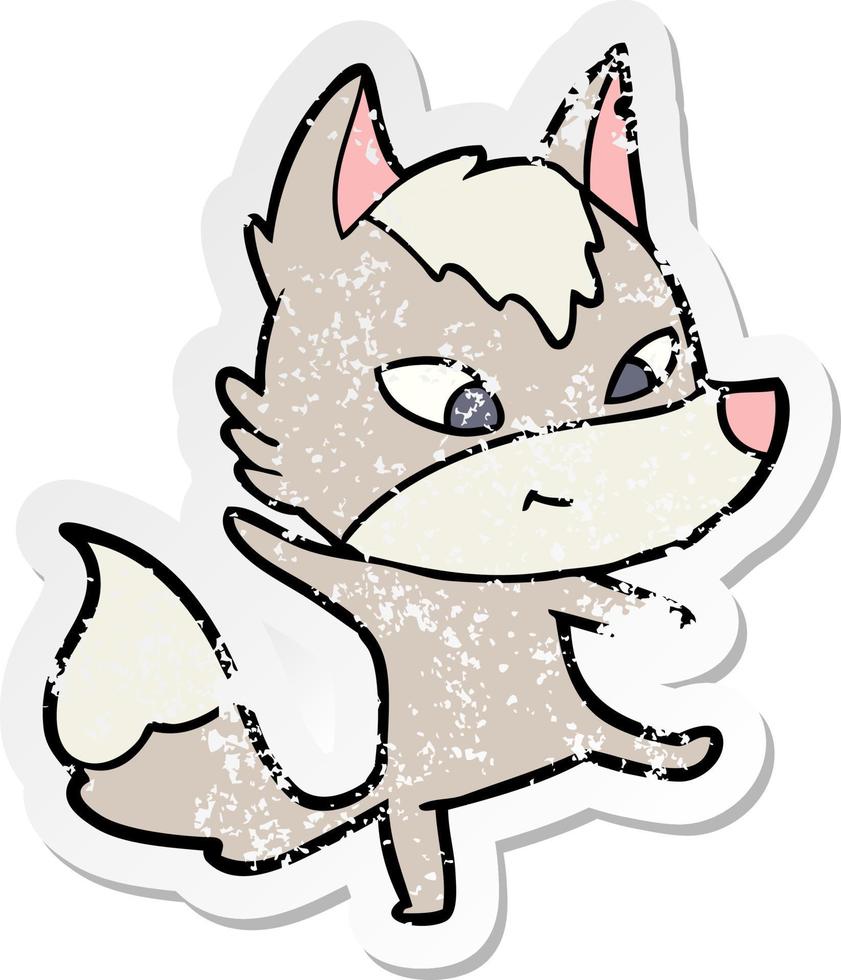 distressed sticker of a friendly cartoon wolf dancing vector