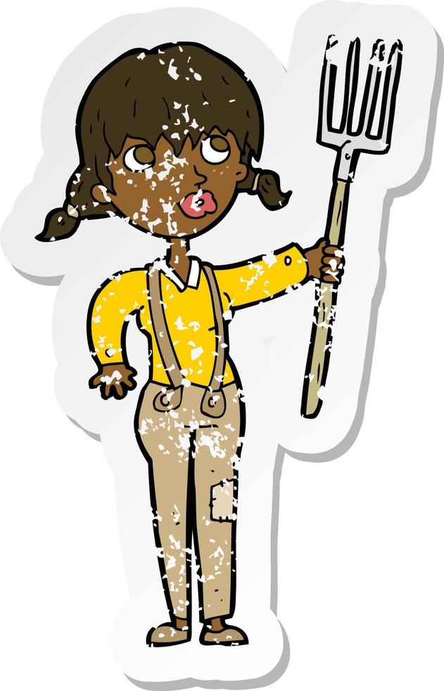 retro distressed sticker of a cartoon farmer girl vector