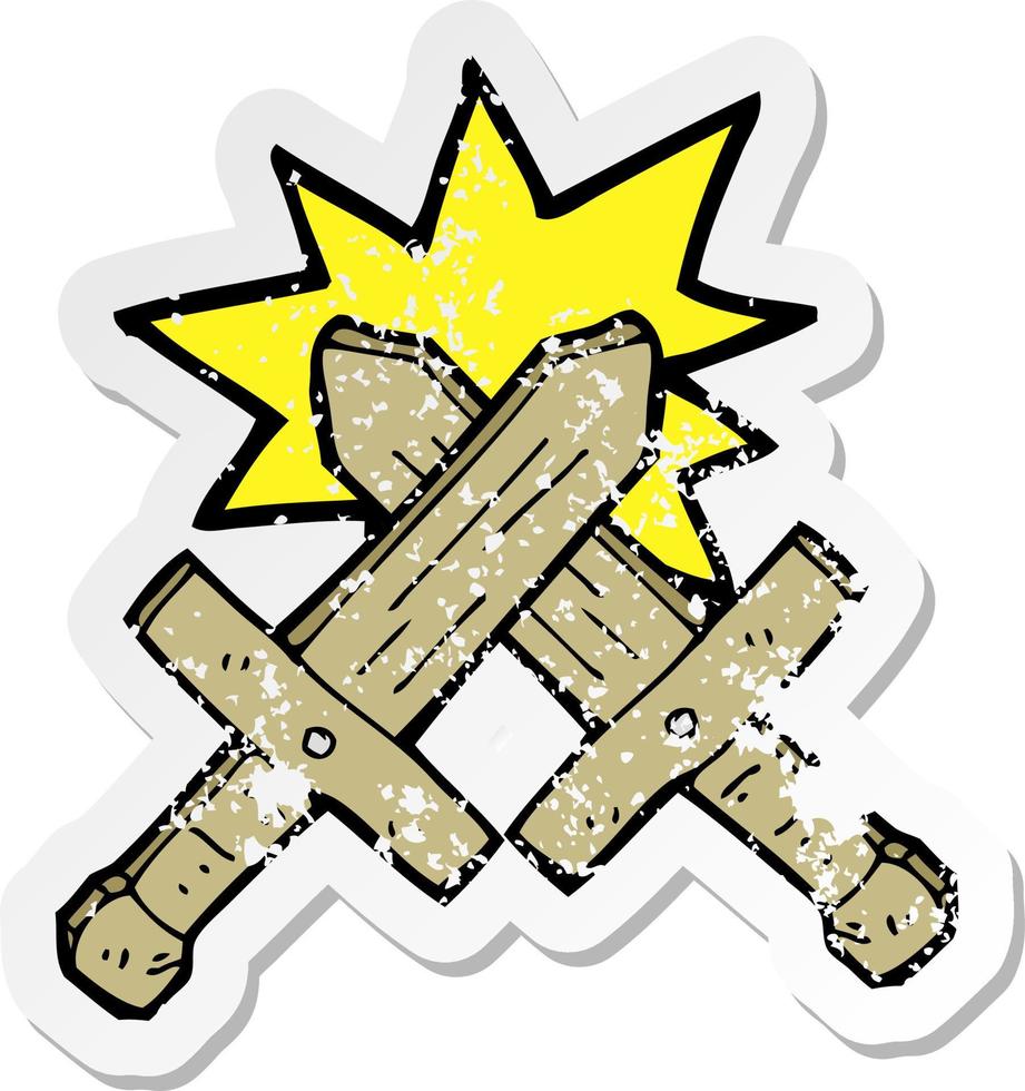retro distressed sticker of a cartoon wooden sword fight vector