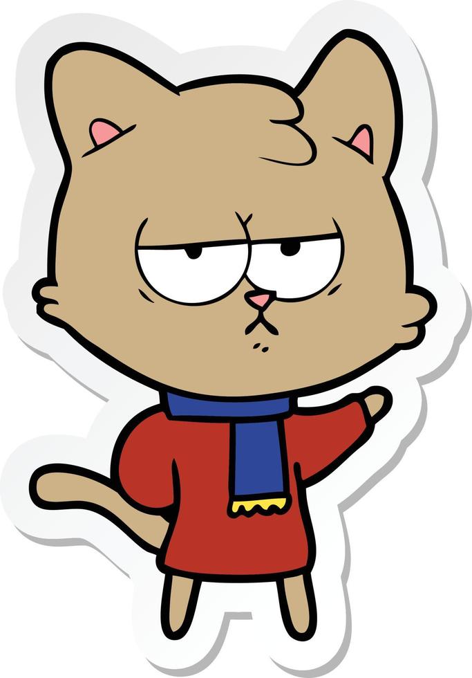 sticker of a bored cartoon cat in winter clothes vector
