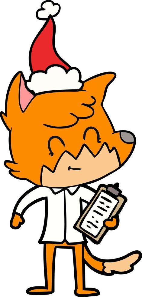 line drawing of a friendly fox manager wearing santa hat vector