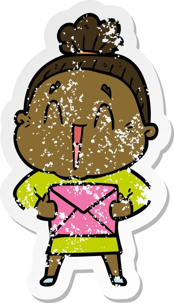 distressed sticker of a cartoon happy old lady vector