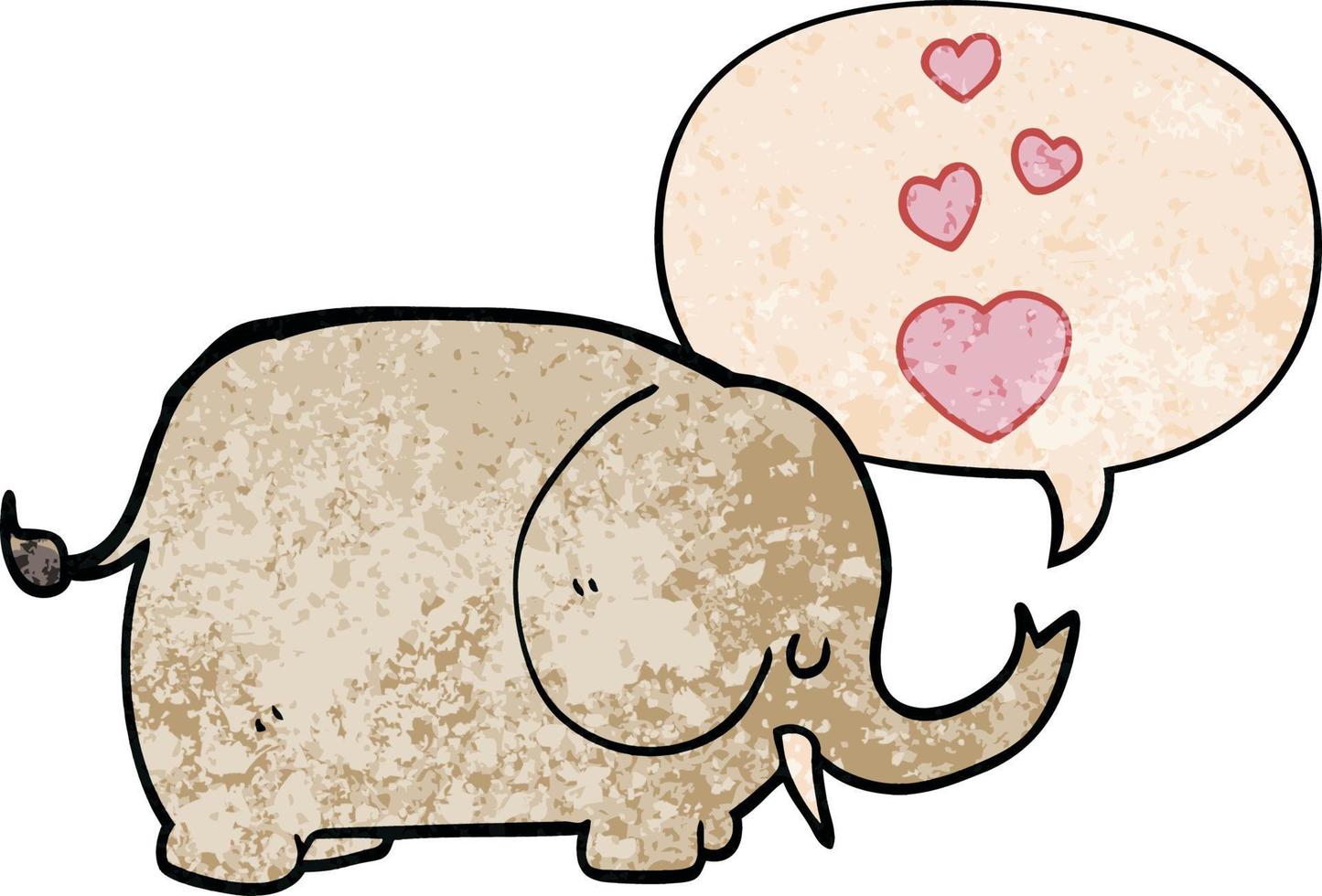 lindo elefante de dibujos animados y corazones de amor y burbuja de habla en estilo de textura retro vector