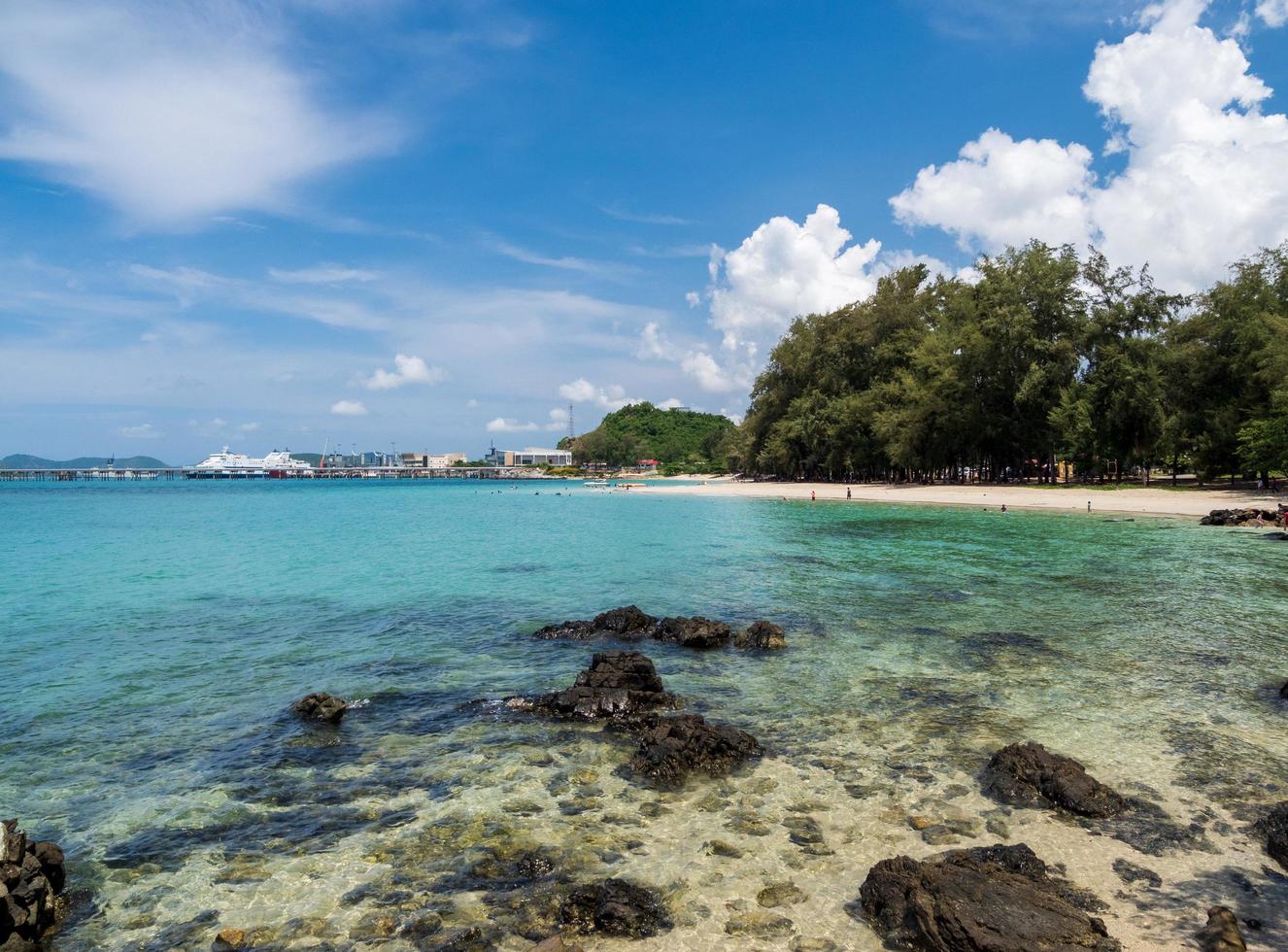 Landscape summer view  tropical sea beach rock blue sky white sand background calm Nature ocean Beautiful wave crash splashing water travel Nang Ram Beach East thailand Chonburi Exotic horizon. photo