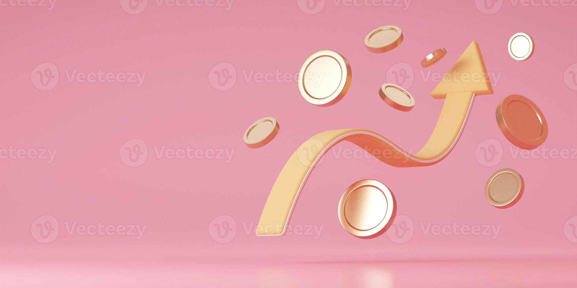 Money grow up concept. Yellow arrow with gold coin. 3d rendering photo