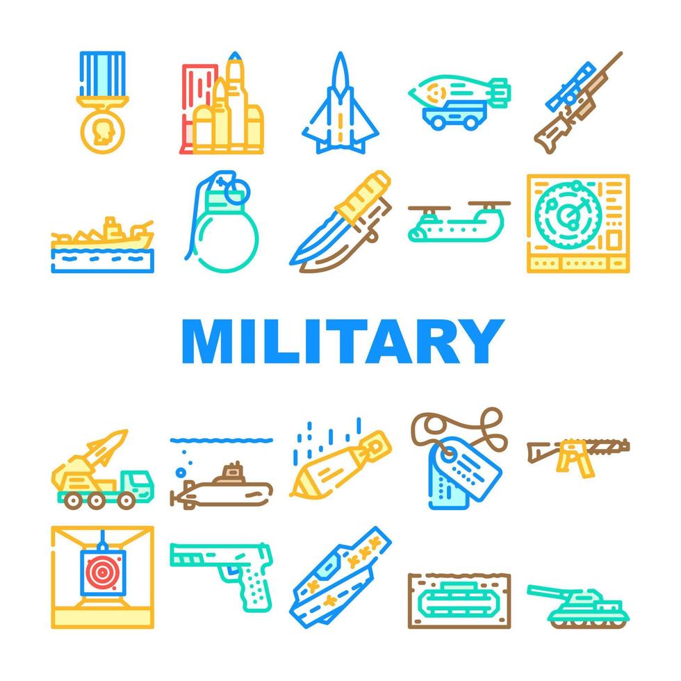 conjunto de iconos de armas y transporte militares vector