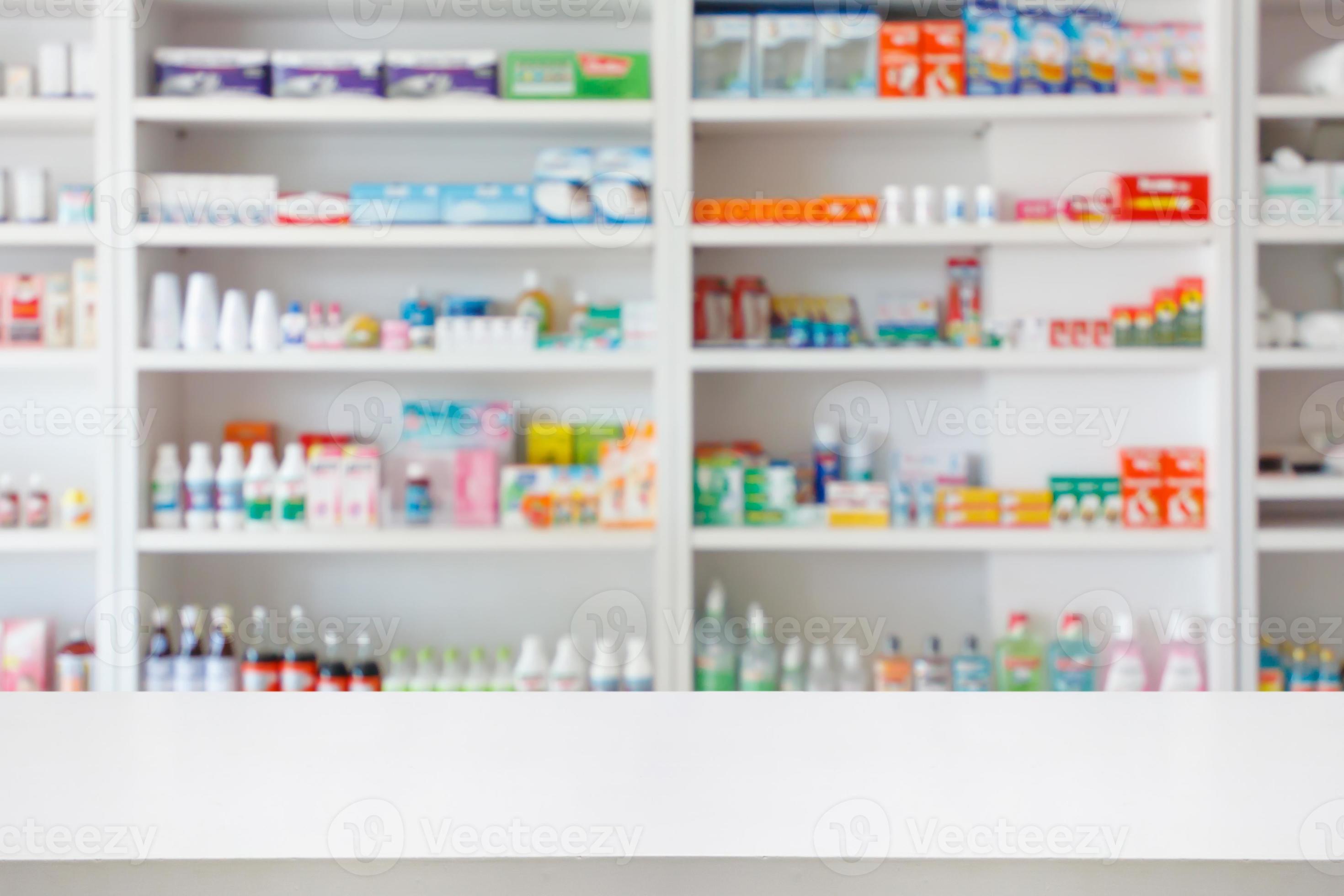 Pharmacy drugstore counter table with blur abstract backbround with