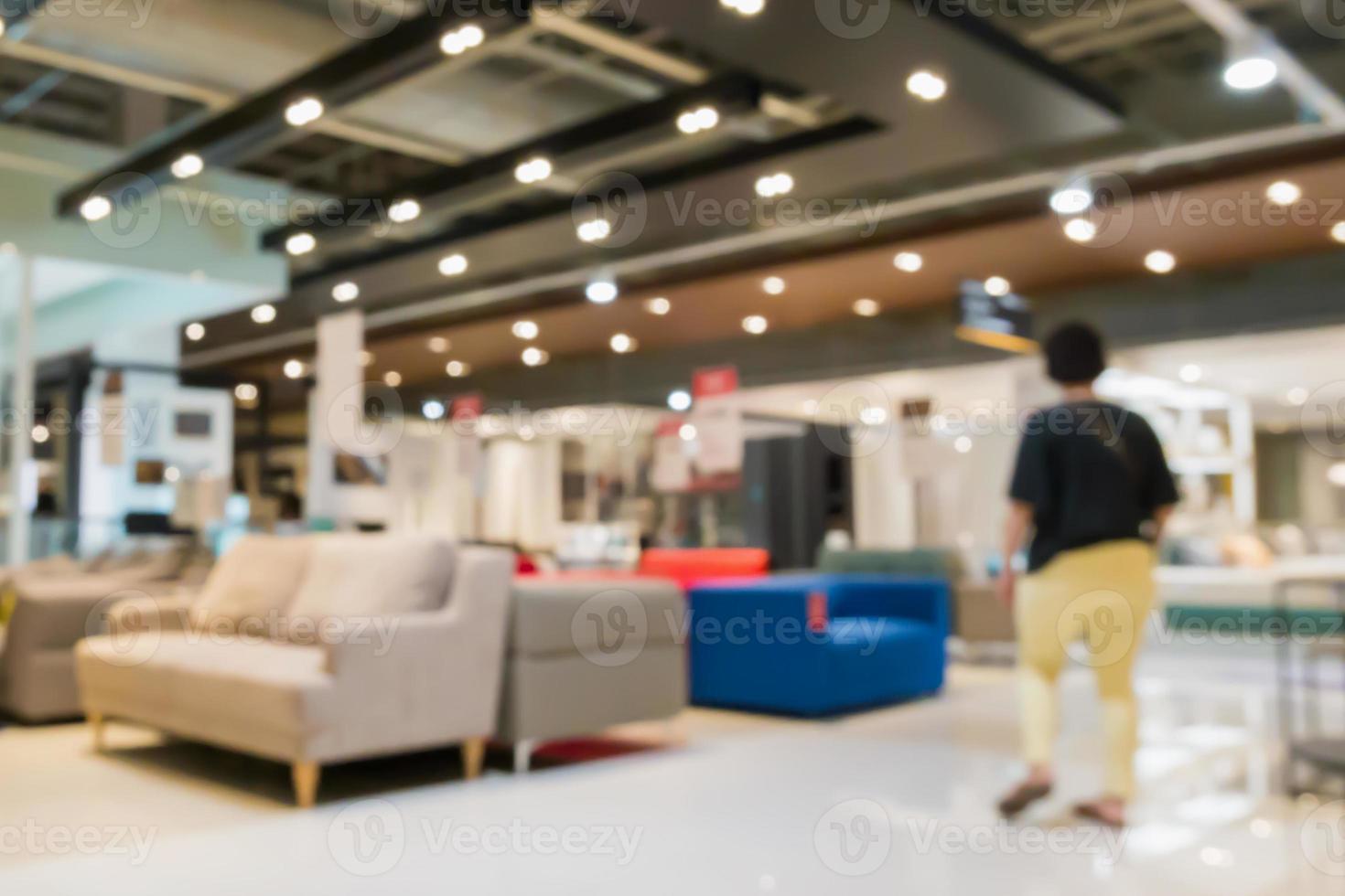 Abstract blur sofa in furniture showroom store interior with bokeh light background for montage product display photo