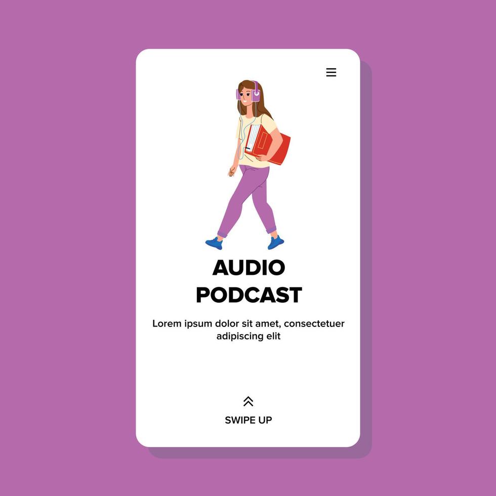 Audio Podcast Listening Young Girl Online Vector