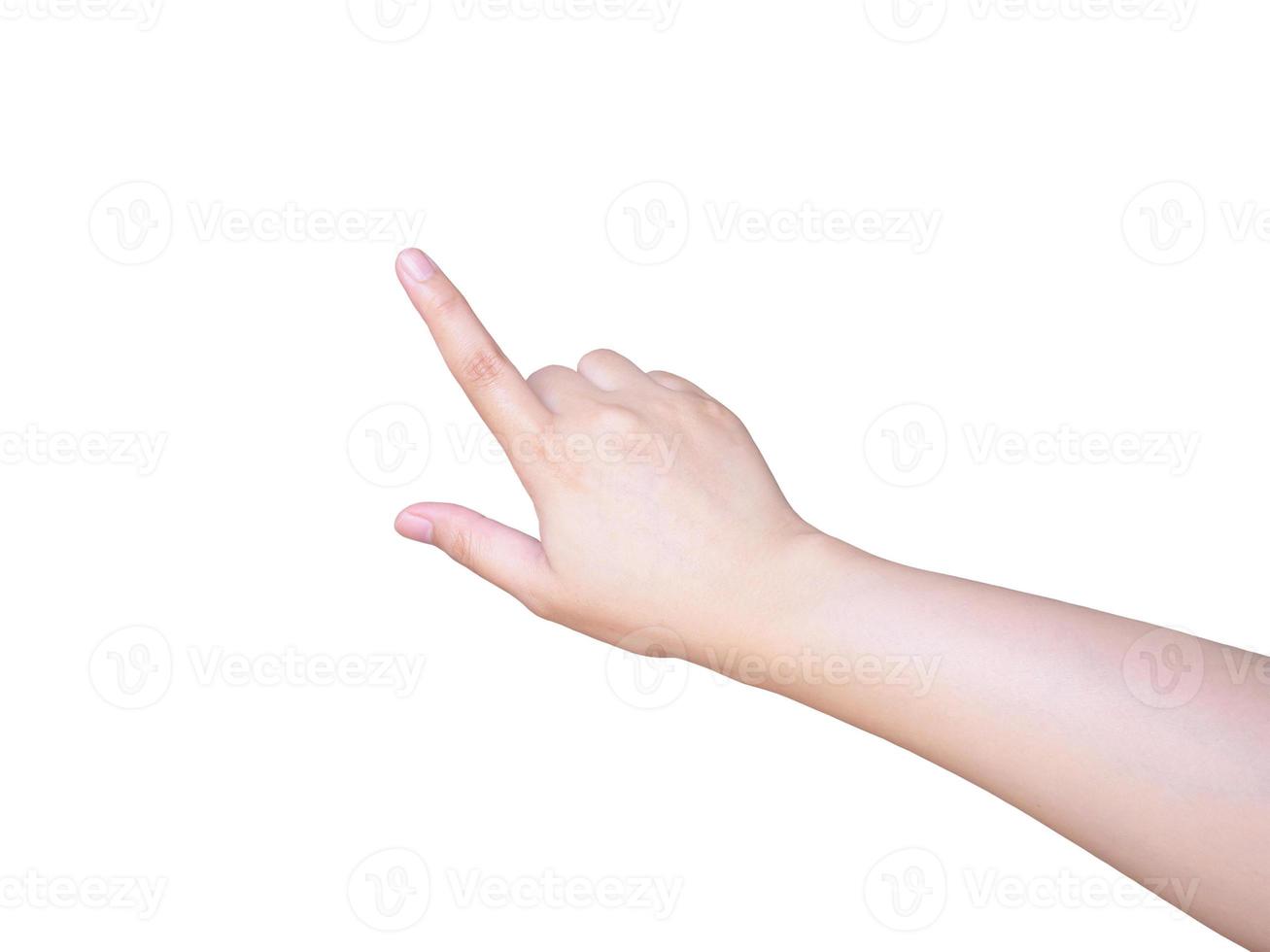 female hand touching or pointing to something isolated on white photo