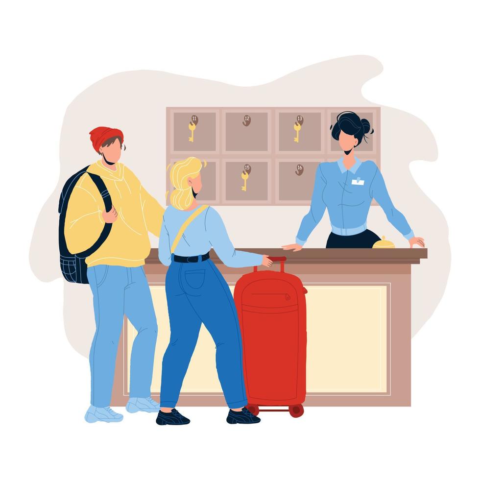 At Hotel Reception Registering Guest Couple Vector