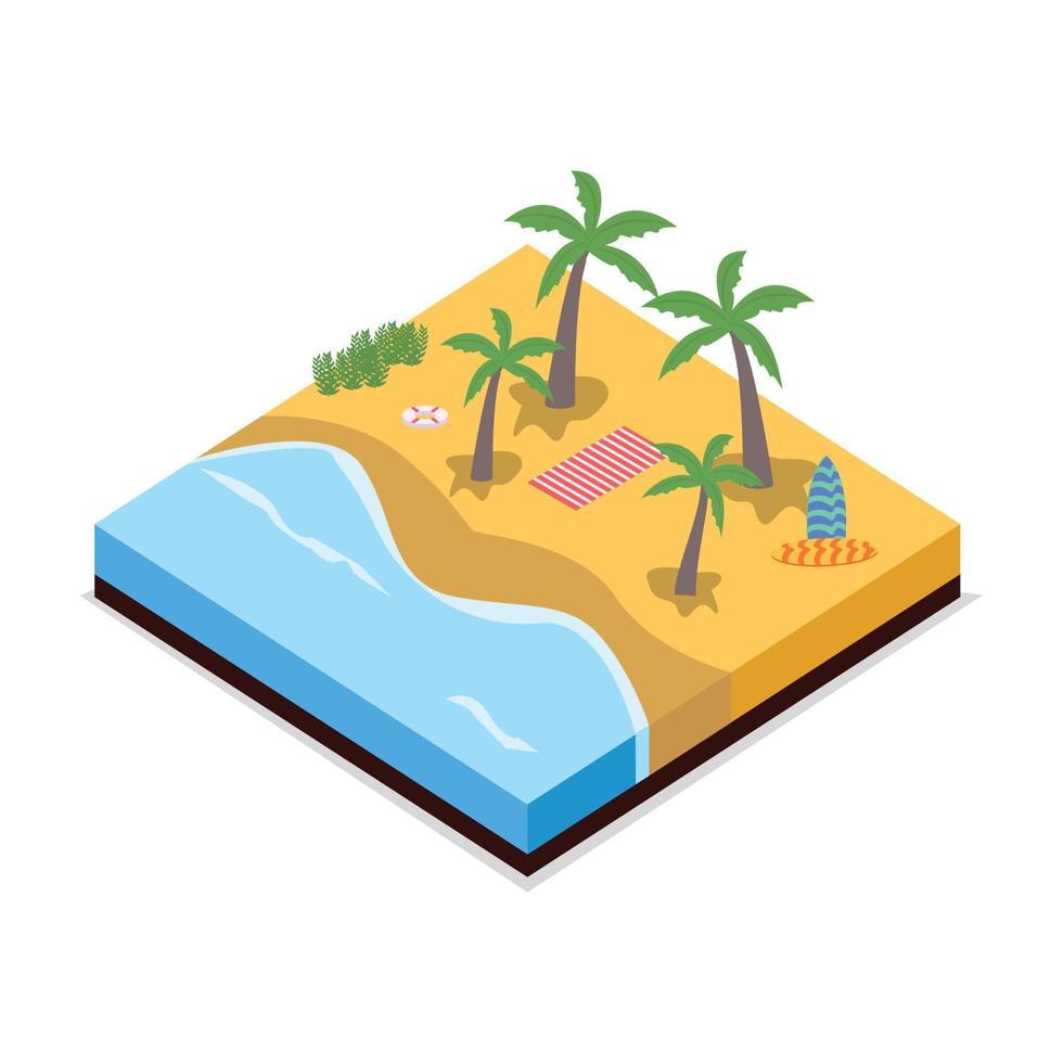 Ilustración de vector de concepto de paisaje de playa de arena 3d. vector de playa de arena con tabla de surf y cocotero. arte de la orilla del mar 2.5d con aro salvavidas y baño de sol.