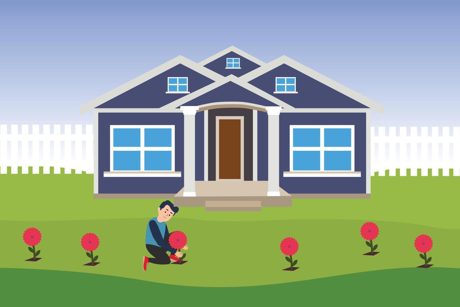 Young man planting flowers in front of his house yard vector concept. Man flat character design with red flower plant and modern house vector. A boy is gardening and taking care of flower plants.