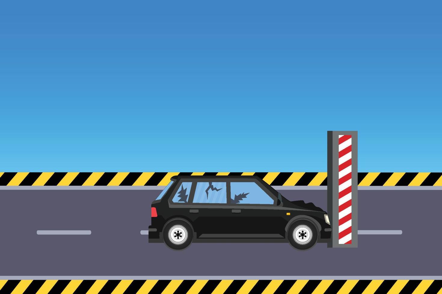 Car crash vector illustration in testing ground. A black car with broken windows and frames on an urban road. Car accidents and collation illustration with an iron test bar vector.