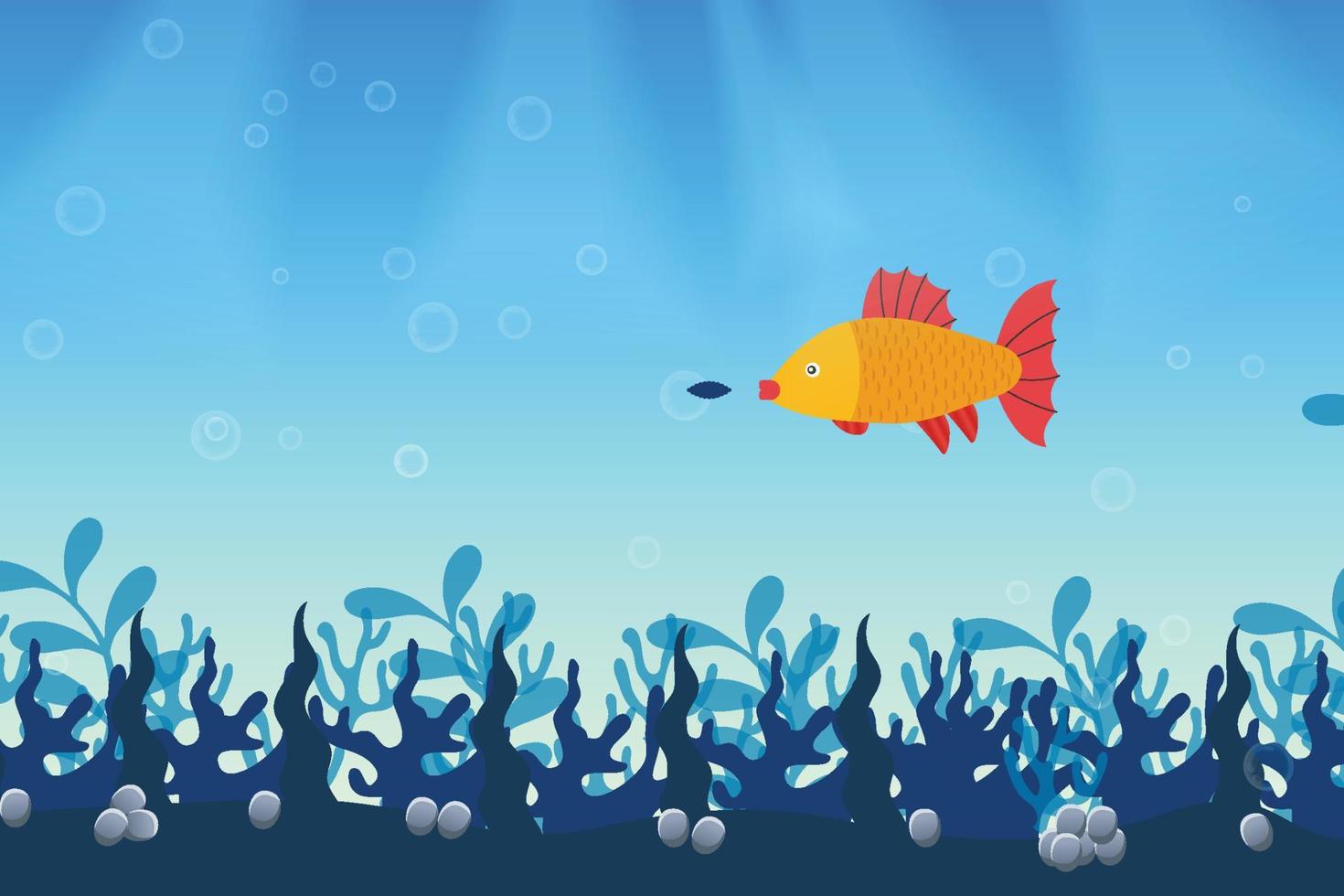 Fish eating food inside the water and coral leaves with rocks. Blue ocean water with air bubbles and coral leaves. Colorful sea fish flat design with a coral reef and stones vector. vector