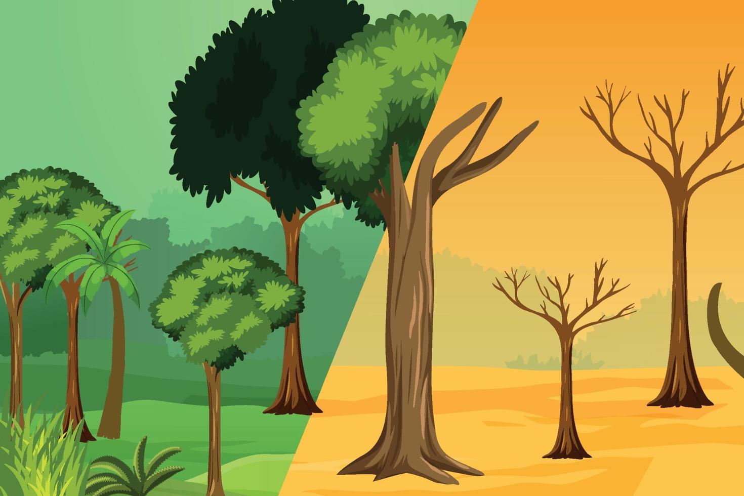 vector de concepto de problema de calentamiento global y deforestación. antes y después del efecto del calentamiento global en árboles con hojas verdes. selva con arbustos verdes y árboles y desierto con troncos de árboles muertos vector.
