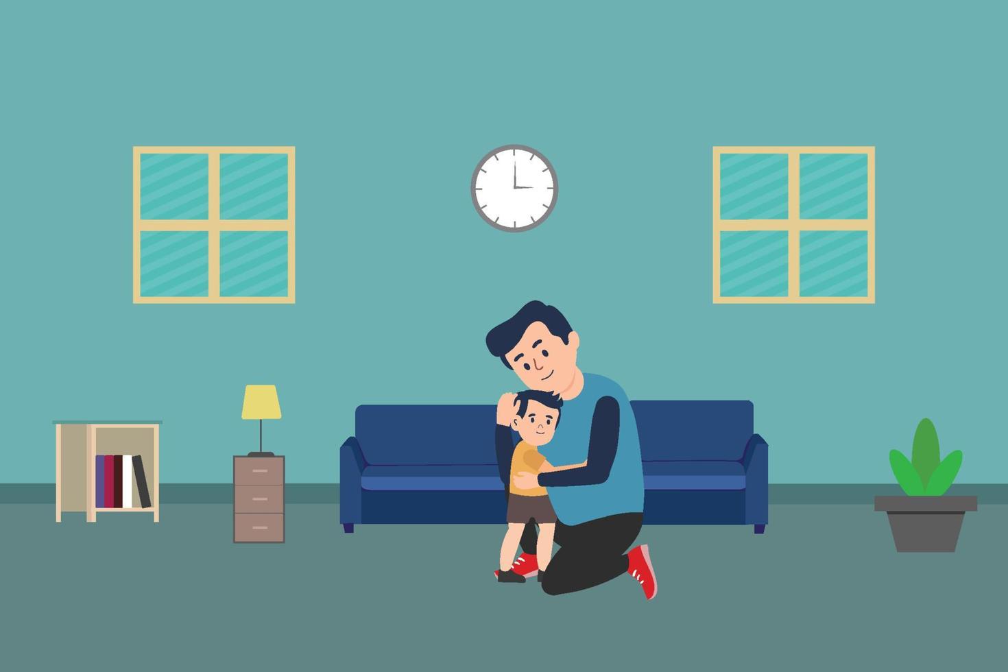 Father hugging his son inside a house vector. Flat character illustration with a home interior concept. Father and son hugging. House interior with blue sofa, wall clock, table lamp, and bookshelf. vector