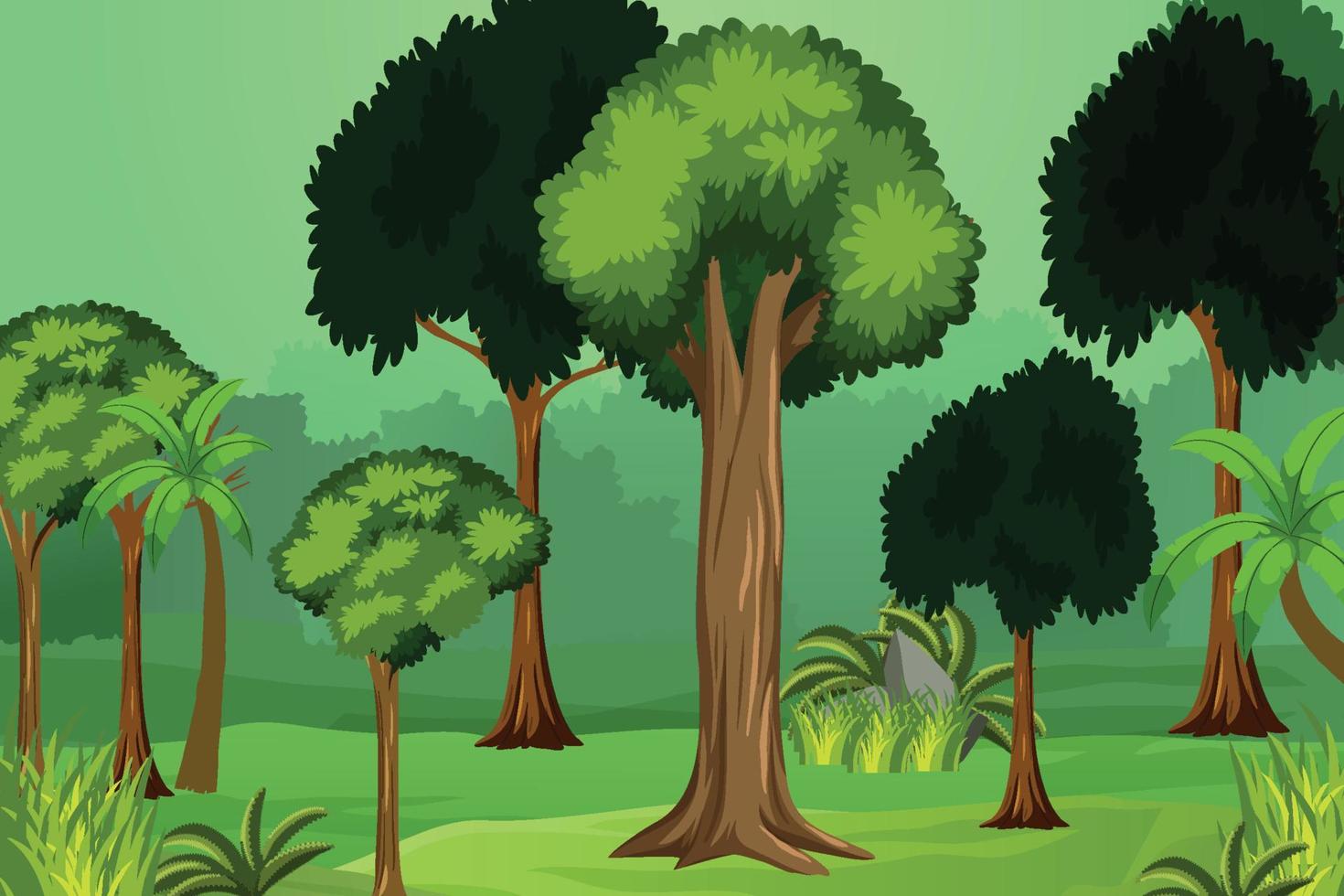 Jungle interior with green trees and bushes vector illustration. Big trees inside a forest, ecological system concept vector. Nature and evergreen background with rocks and trees.