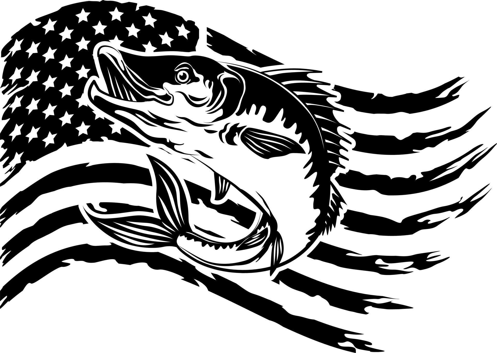 Distressed Flag Fish vector, Bass Fish American Flag Clipart 8320054