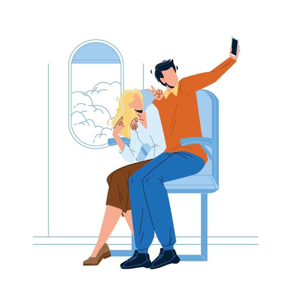 pareja hace selfie de vuelo en vector de cámara de teléfono