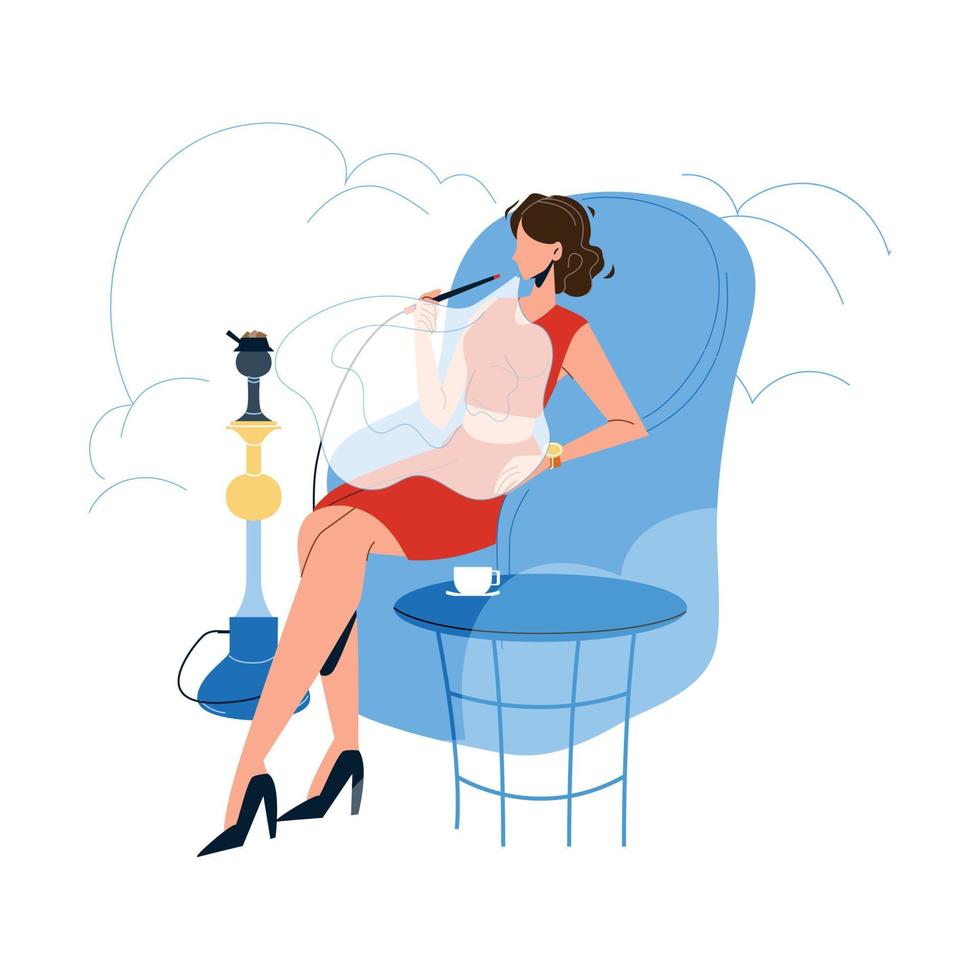 mujer relajándose y fumando en hookah cafe vector