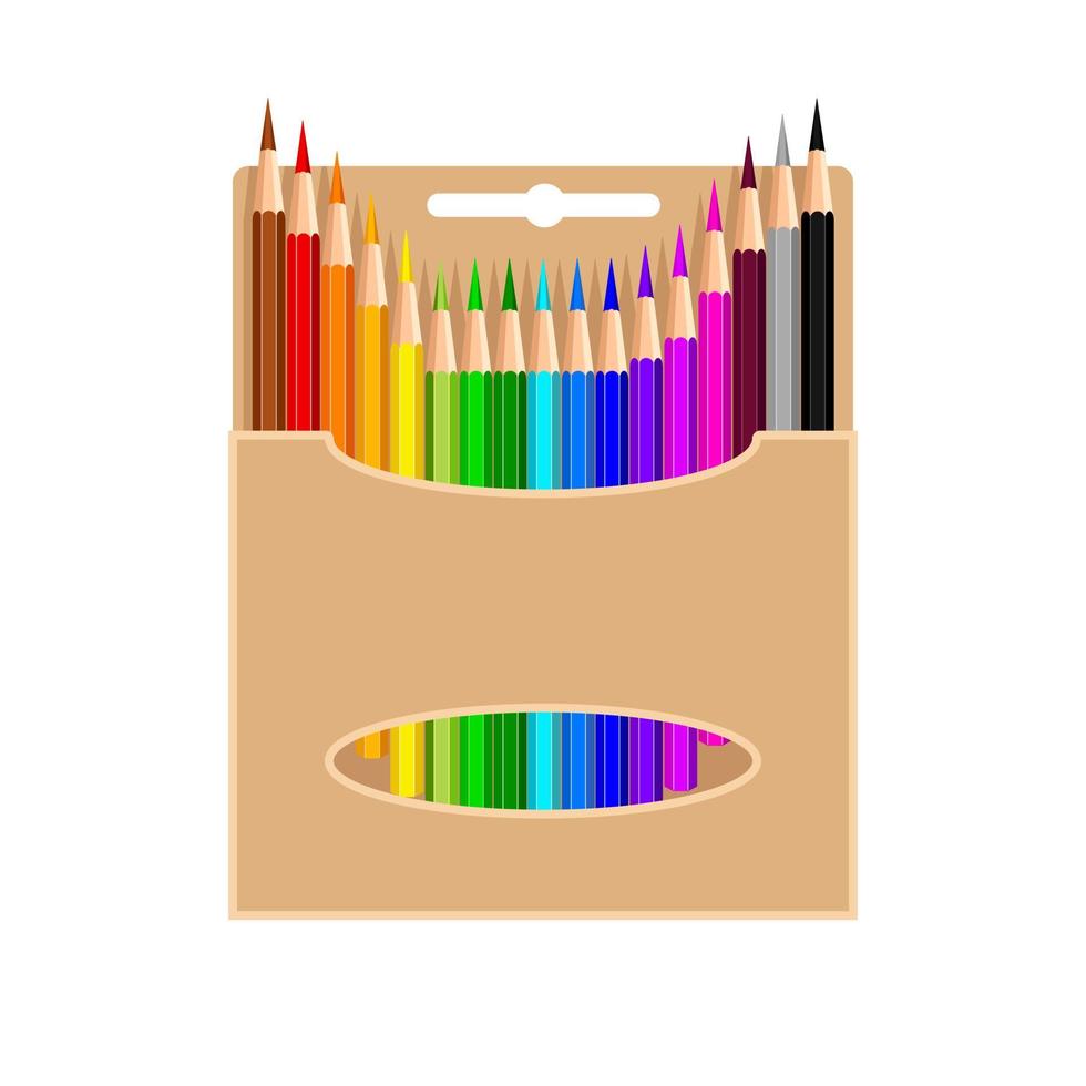 Colored pencils in cardboard box, isolated on white background. Colorful pencils are poked out of package. Art supplies, stationery for school, office, home vector