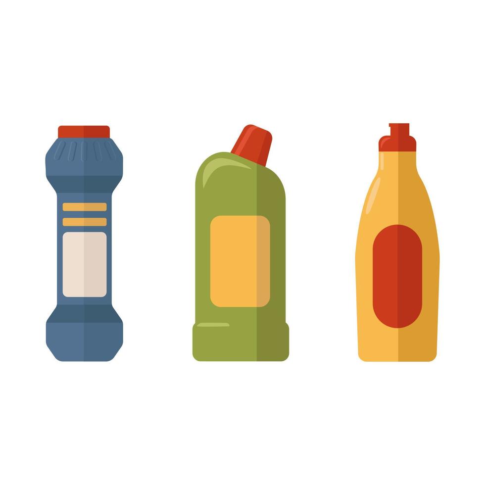 juego de productos de limpieza, botellas coloridas de varias formas con dispensador. productos de limpieza para el hogar, productos químicos domésticos vector