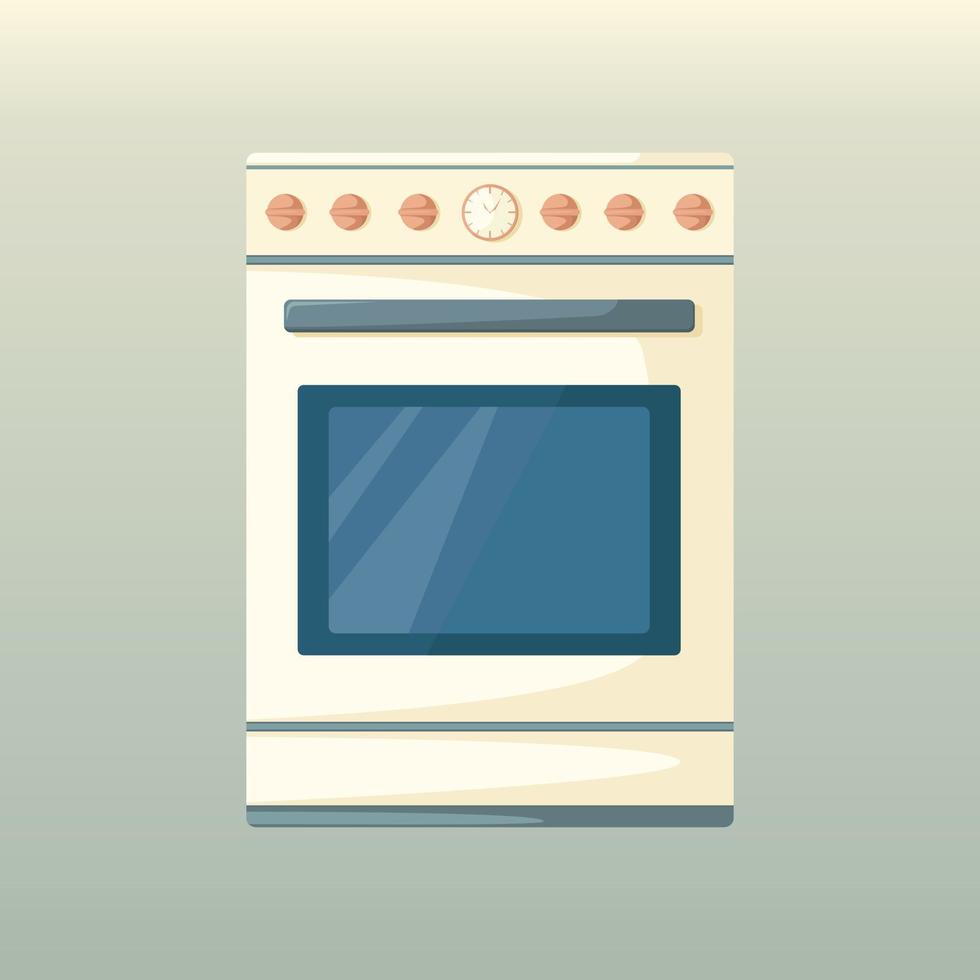 Estufa de cocina con horno. accesorios. estufa eléctrica o de gas. elemento del interior de la cocina en estilo de dibujos animados. horno doméstico. fondo acogedor vector